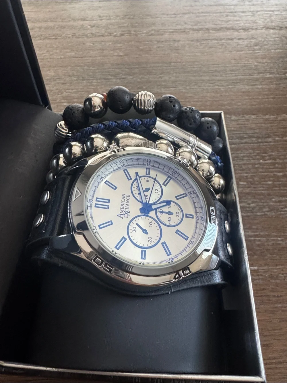 American Exchange Men’s Silver and Black Chronograph Watch with Bracelet Set